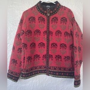 Icelandic Design 100% Wool Women’s Cardigan Sweater, Floral, Full Zip; Size M